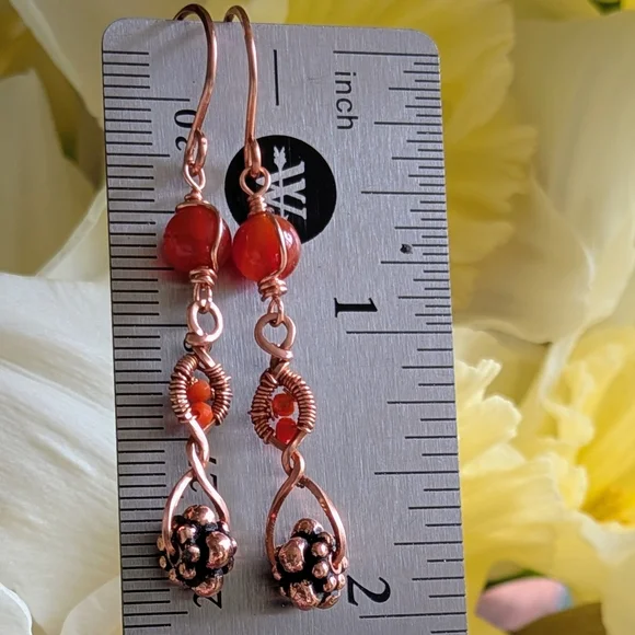 Copper Dangle Earrings Orange-Red Carnelian Agate Artisan Crafted - Picture 4 of 16
